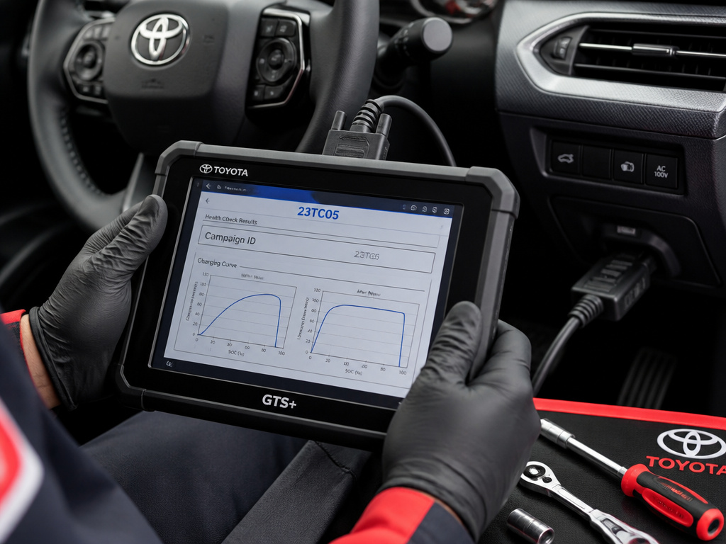 Toyota technician applying a software update to a bZ4X using diagnostic tool.