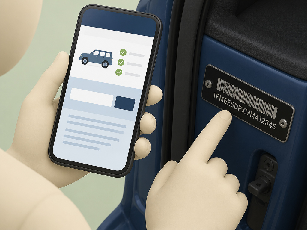 Person checking Ford Bronco recall status using VIN on official website.