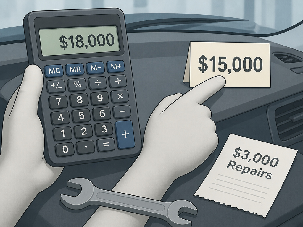 Used car budget breakdown showing purchase price plus immediate repair costs.