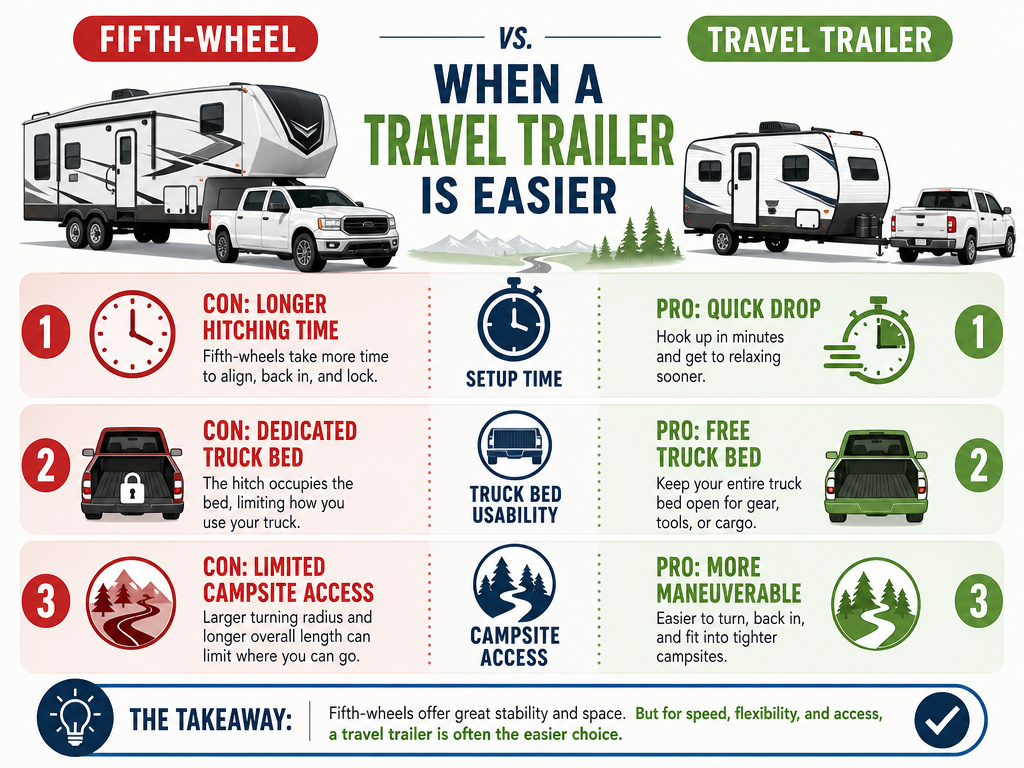 Infographic comparing fifth-wheel and travel trailer towing drawbacks and scenarios.