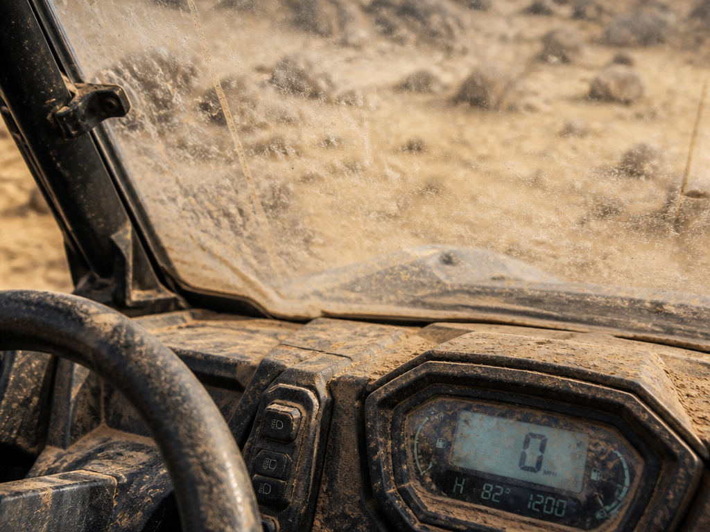 Dust-covered UTV windshield illustrating a key drawback of installation