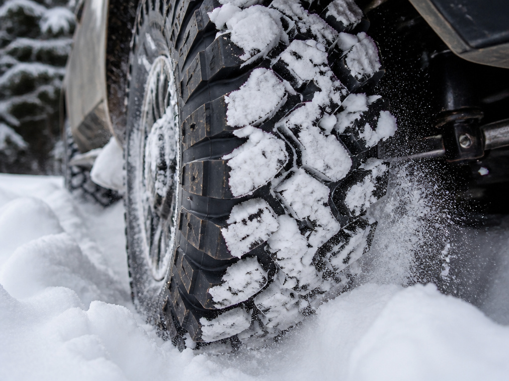 Off-road tire tread digging into and ejecting deep, fresh snow on an unplowed track.