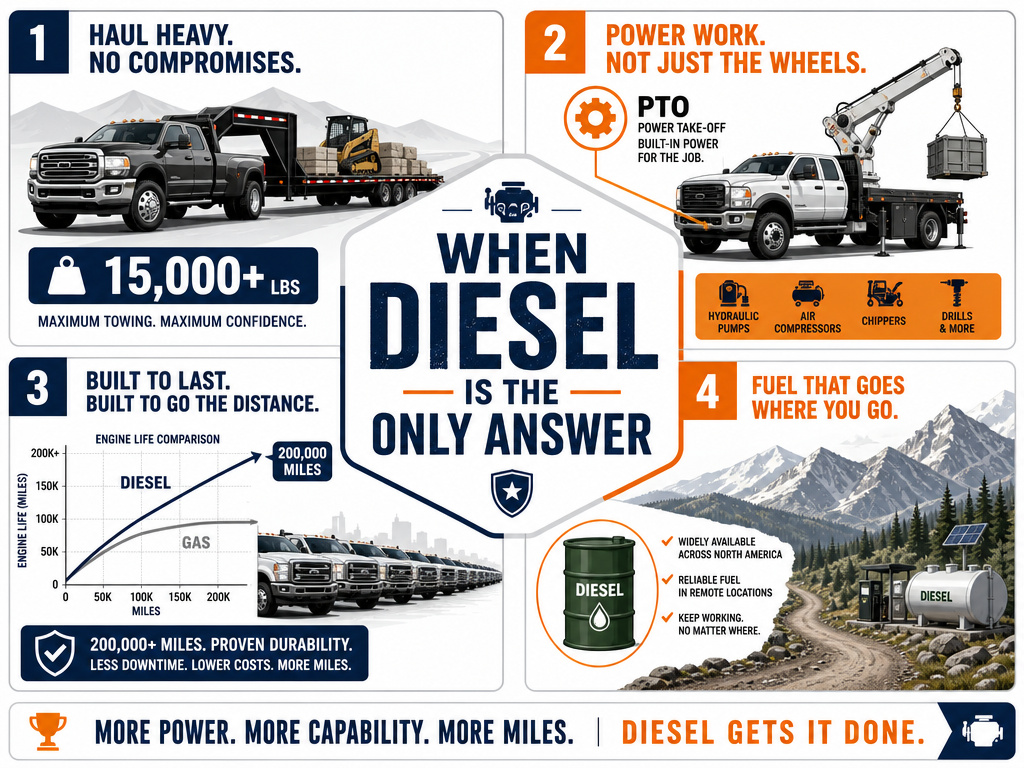 Infographic showing four key use cases for diesel trucks like towing and fleet operations.