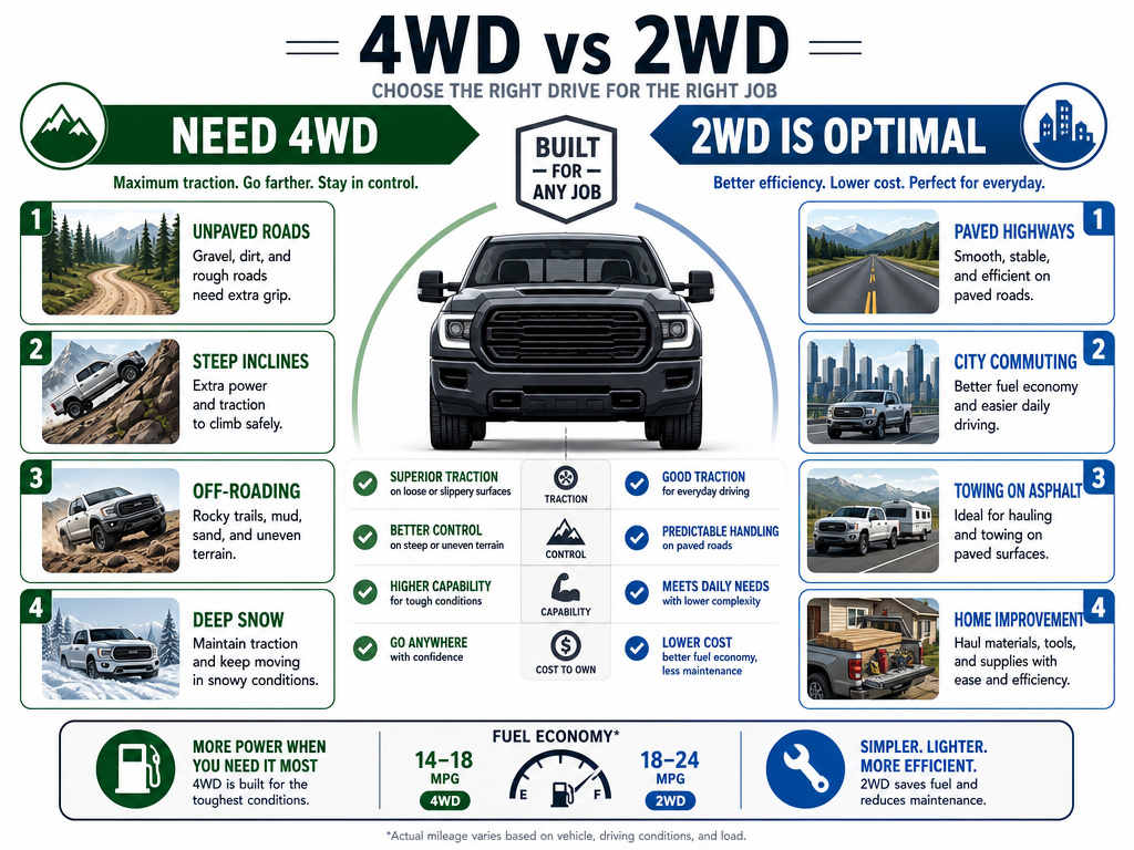 Infographic comparing when you need 4WD versus when 2WD trucks are sufficient.
