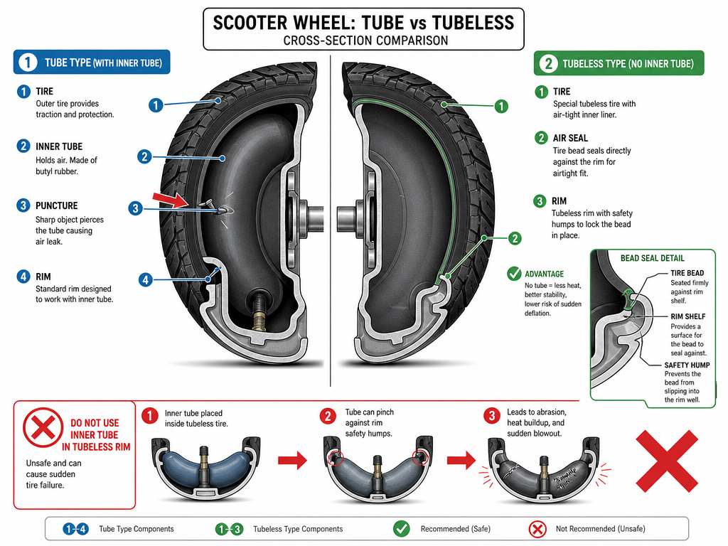 Diagram comparing inner tube versus tubeless scooter tire systems and puncture points.