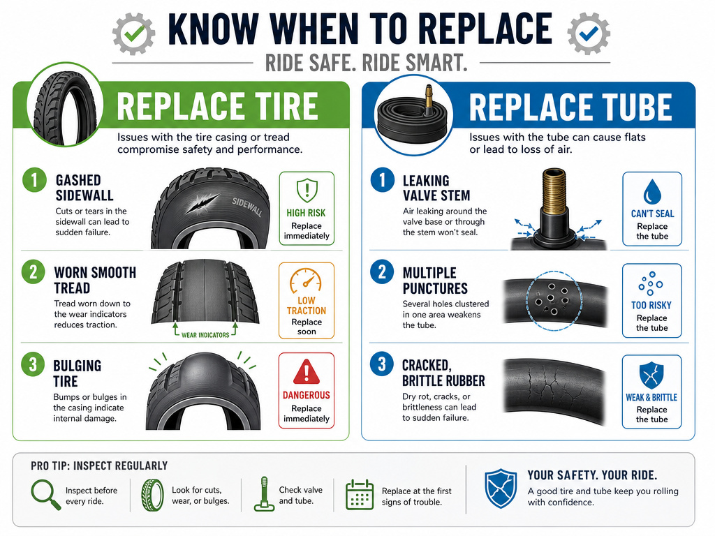 Infographic showing when to replace an electric scooter tire versus just the tube.