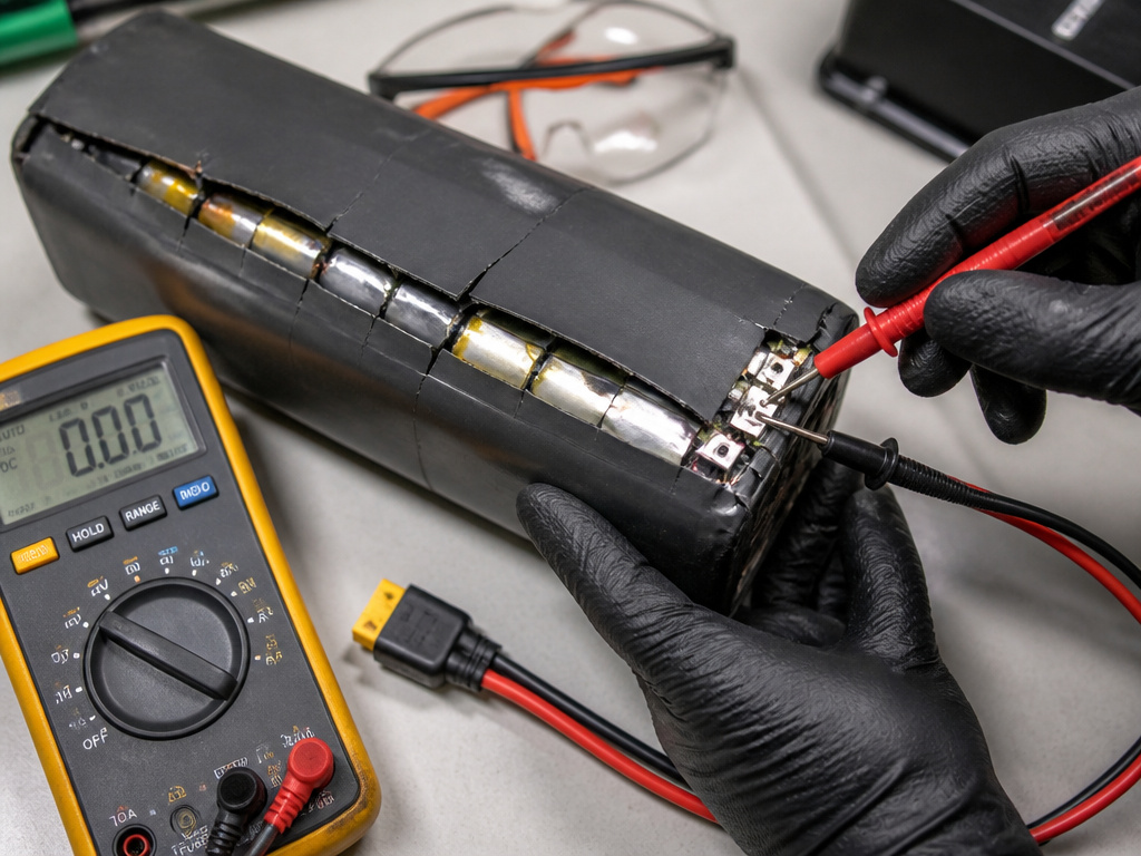 Close-up of a damaged, swollen lithium-ion scooter battery being tested