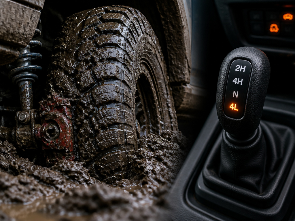 Close-up of a truck tire in deep mud with the 4L drive mode selected.