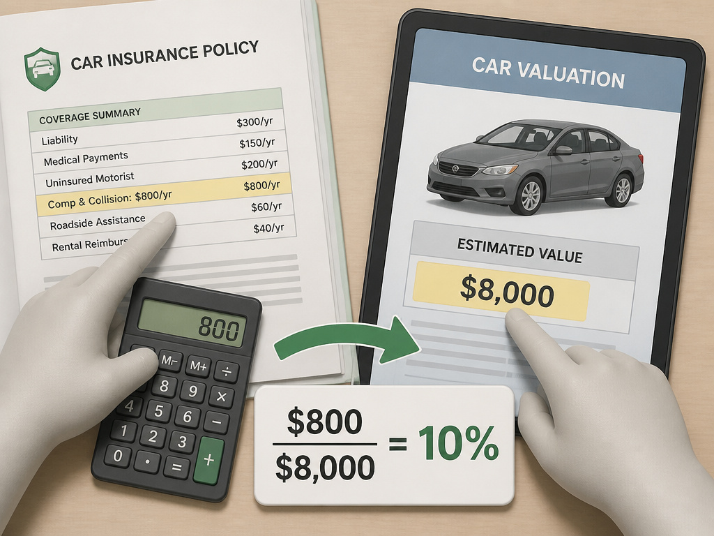 Calculating the 10% rule for dropping car insurance coverage on an older vehicle.