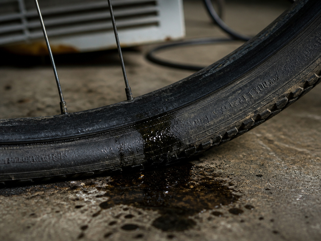 Bike tire damaged by garage storage conditions: oil, ozone, and heat.