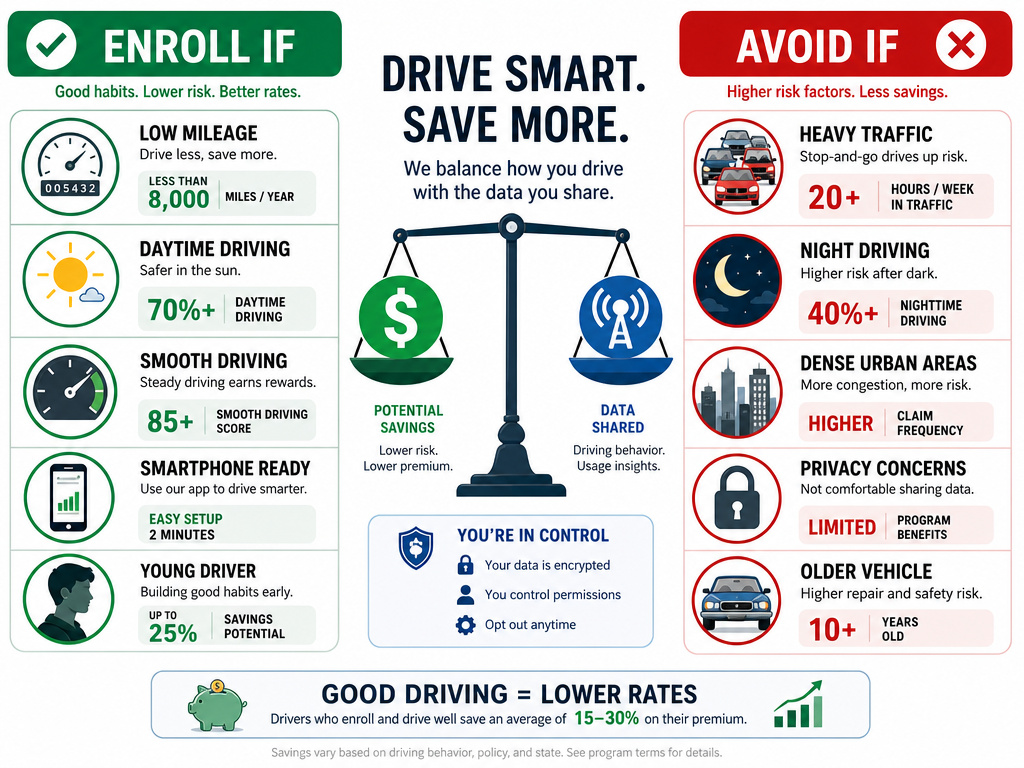 Infographic comparing who should and shouldn't enroll in usage-based insurance.