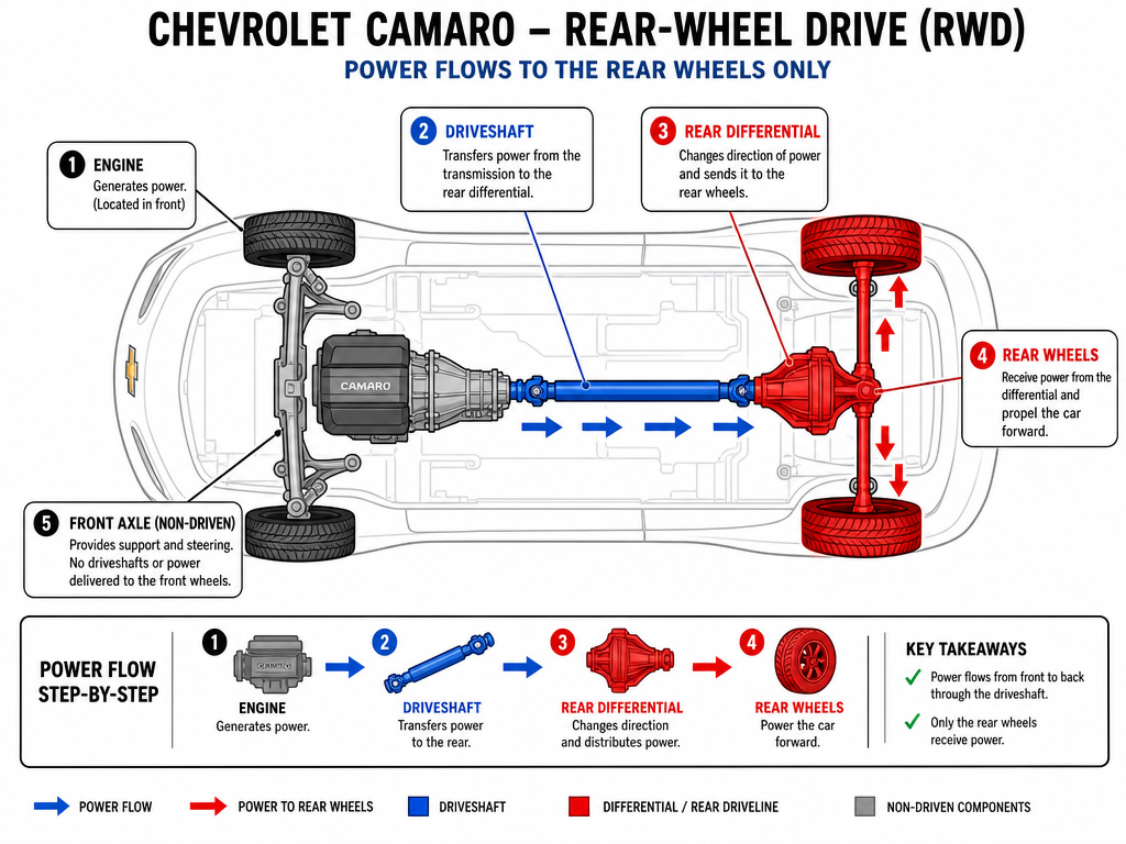 Diagram showing Camaro's rear-wheel-drive powertrain layout and components.