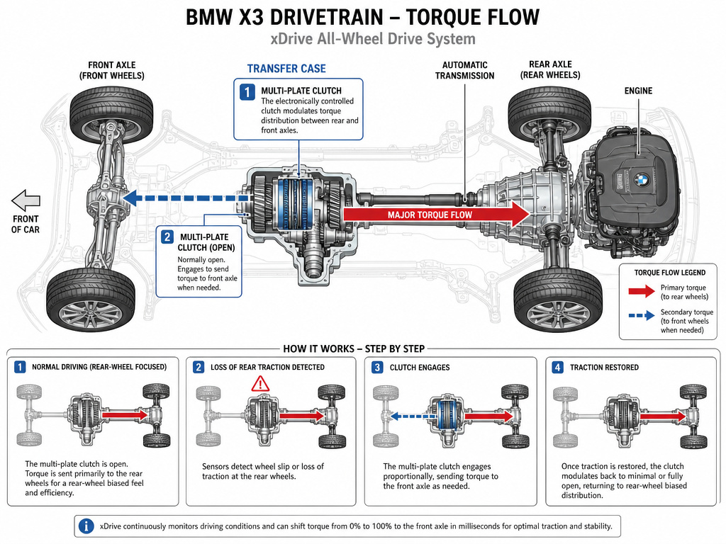 Diagram of BMW xDrive AWD system showing torque transfer to rear and front axles.
