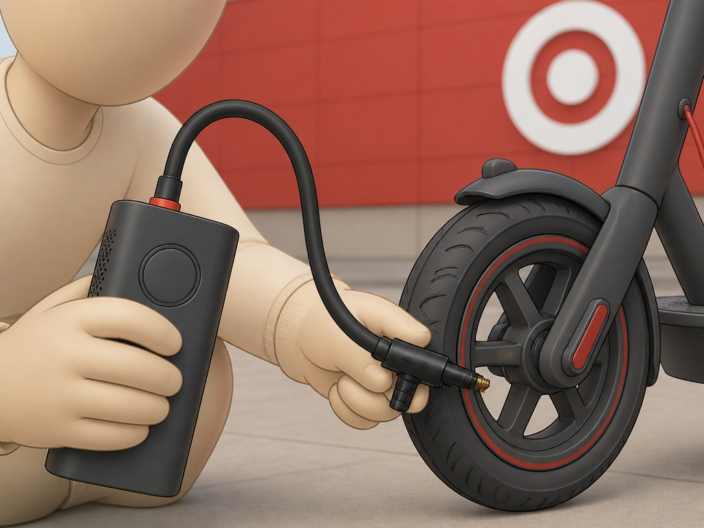 Person using a portable inflator on a scooter tire near a Target store.