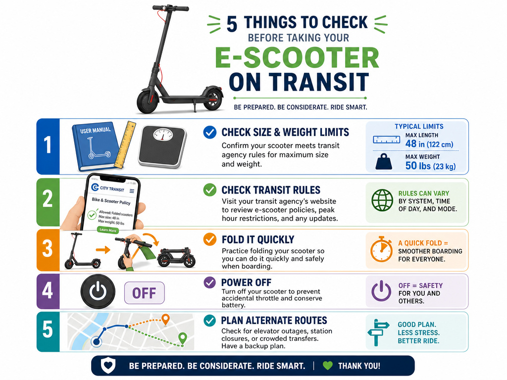 Pre-boarding checklist infographic for taking an electric scooter on public transit